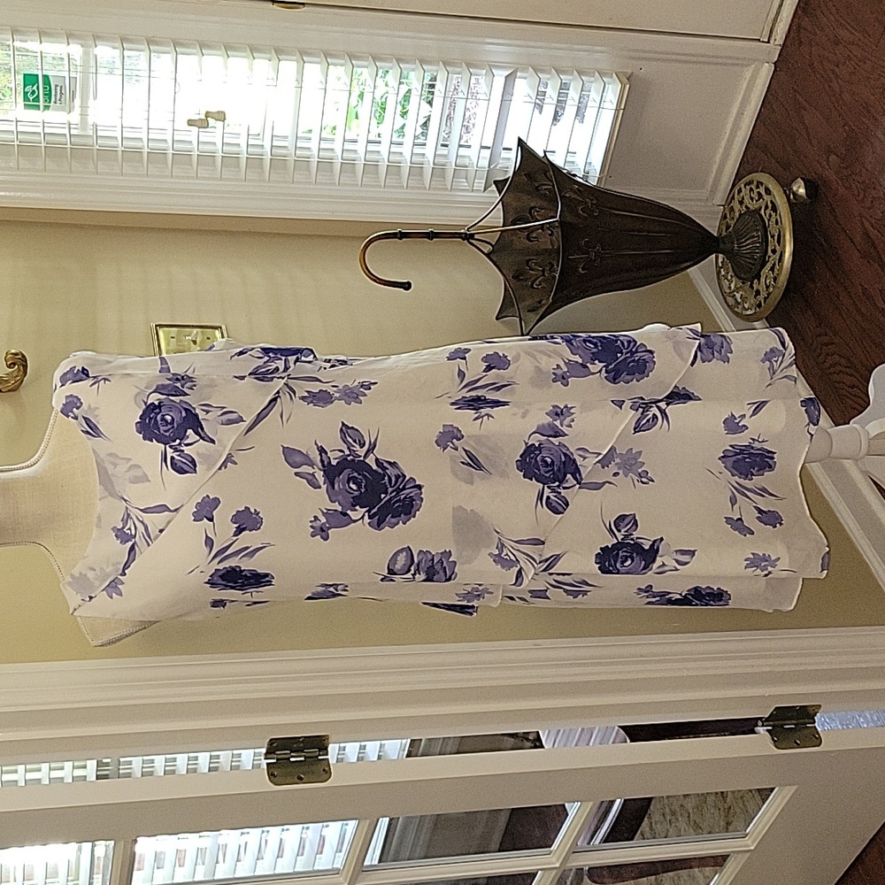 Mary McFadden blue white floral sleeveless layered dress Fully lined Sz XL …EUC - Picture 1 of 10